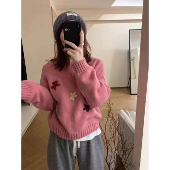 韓系立體花朵溫柔風圓領套頭毛衣女秋冬寬松軟糯減齡百搭針織上衣