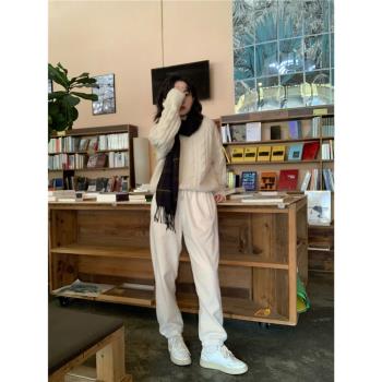 ifbeer搖粒絨奶黃色加厚衛褲復古寬鬆鬆緊腰直筒長褲束腳褲女韓版