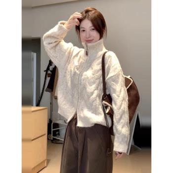 深秋初冬穿搭慵懶風高領毛衣加厚女2024新款雙拉鏈設計感開衫外套