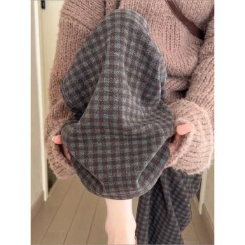 黑灰色加絨格子褲女秋冬季加厚2024新款高腰慵懶小個子直筒闊腿褲