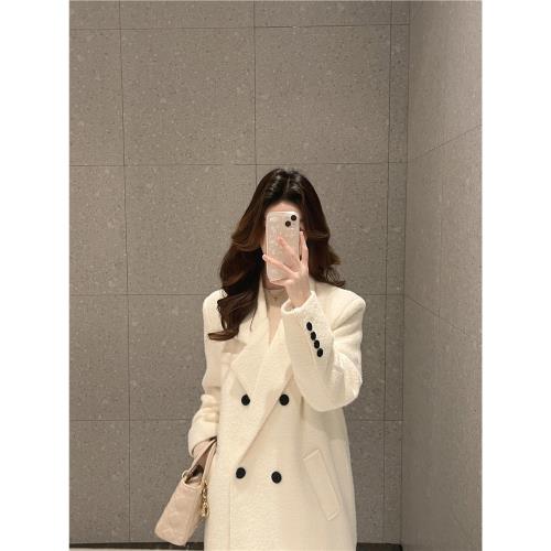 高級感白色夾棉加厚羊毛呢子大衣女2024冬季新款羽絨內膽毛呢外套