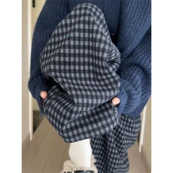 黑灰格子闊腿褲女2024新款秋冬加絨寬松復古慵懶風休閑毛呢直筒褲
