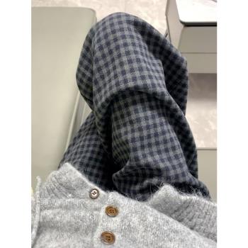 韓式復古格子褲女2025新款春秋款加絨加厚闊腿褲高腰寬松顯瘦長褲