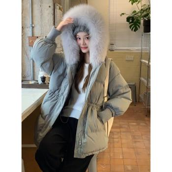 2024韓版新款大毛領寬松顯瘦高級感收腰保暖羽絨服女中長款外套冬