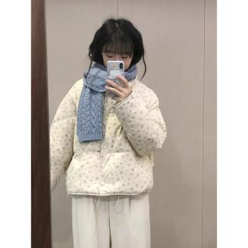韓系小碎花短款羽絨服女新款加厚立領白鴨絨麵包服棉襖外套秋冬季