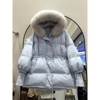 藍色收腰顯瘦羽絨服女大毛領中長款燈籠袖麵包服冬季清倉處理外套