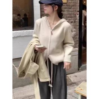 慵懶風坑條雙拉鏈連帽長袖針織開衫女秋冬軟糯寬松毛衣打底衫上衣
