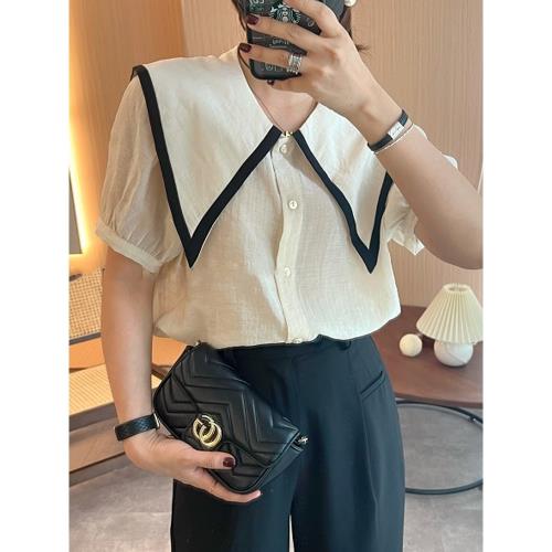 娃娃領短袖雪紡襯衫女2025新款氣質獨特漂亮小衫法式泡泡袖上衣