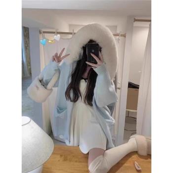 大毛領連帽甜美毛衣針織開衫外套女冬慵懶風超好看寬松加厚秋冬款