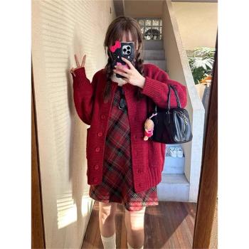 慵懶風復古紅色毛衣外套女秋冬季2024年新款爆款寬松外穿針織開衫