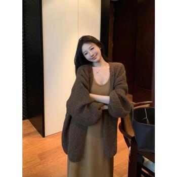 美拉德復古咖色毛衣外套女秋冬慵懶高階感寬松中長款針織開衫上衣