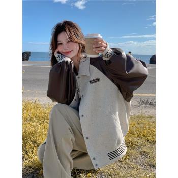學院風棒球服外套女2024秋季新款設計感韓系減齡pu皮拼接夾克上衣