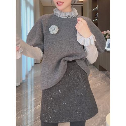 毛衣針織馬甲女春秋冬2024年新款內搭疊穿外穿灰色小香風兩件套裝