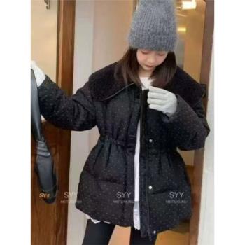 韓版仿羊羔毛娃娃領燙鉆棉服女2024年冬季新款重工中長款保暖外套