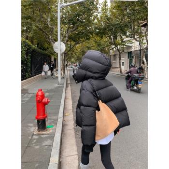 黑色小個子白鵝絨短款羽絨服女泡芙雲朵連帽冬季外套加厚2024新款