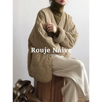 ROUJE NAIVE秋冬季V領拼接羊羔毛羽絨棉服外套女棉衣棉襖純色上衣