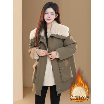 毛毛翻領加厚派克服女2024冬季新款韓版寬松顯瘦保暖工裝棉衣外套
