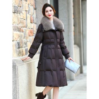 高階白鵝絨羽絨服可脫卸狐貍毛領皮草外套女中長款2024冬新款大衣