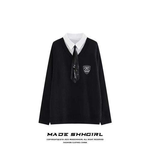 「MADE SHHGIRL」假兩件黑色毛衣女秋冬2025新款學院風jk襯衫女團