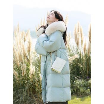 素色左岸冬季連帽大毛領藍色加厚羽絨服外套女中長款白鴨絨麵包服