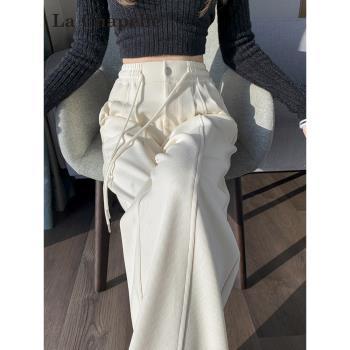 拉夏貝爾雪尼爾白色寬松闊腿褲女2025年新款夏季高腰垂感直筒褲子