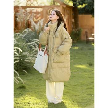 素色左岸韓系加厚連帽羽絨服女中長款2025年冬季新款白鴨絨外套