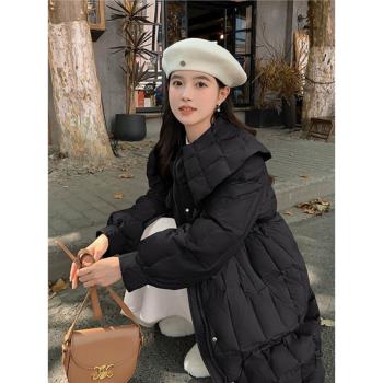 羽絨服大翻領冬裝新款抽繩收腰修身顯瘦白鴨絨中長款過膝外套女