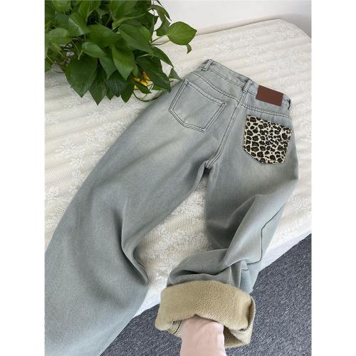 加絨豹紋口袋寬松直筒牛仔褲女冬季復古高腰顯瘦闊腿長褲時尚流行