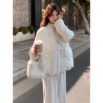 新中式提花短款羽絨服女冬季2024新款毛毛拼接保暖90白鴨絨厚外套