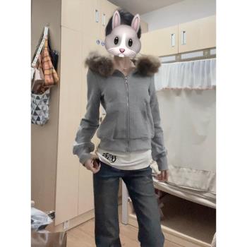 大毛領短款外套女秋冬季加絨加厚修身衛衣校服內搭神器冬季入冬厚
