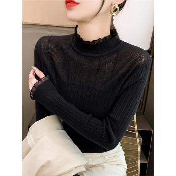 白領哥弟新2024新款春秋半高領修身顯瘦蕾絲羊毛針織打底衫女上衣