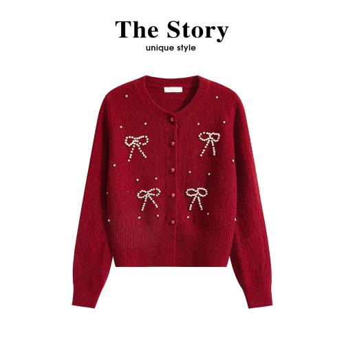 那些事衣櫥新年秋冬紅色毛衣女蝴蝶結針織開衫外套釘珠小香風上衣