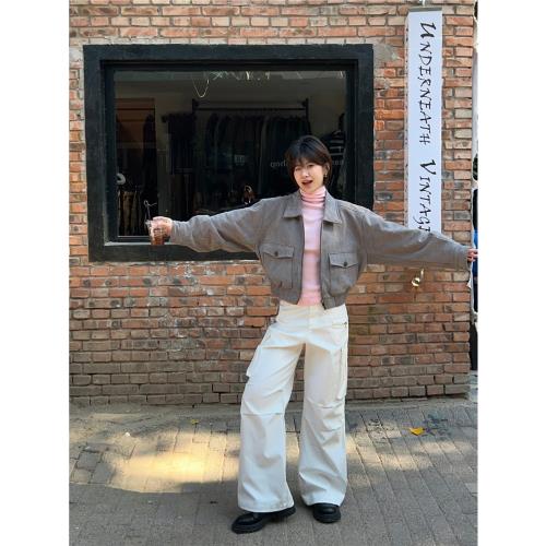 Two2美式辣妹風白抗皺色設計感工裝褲女梨形身材顯瘦高腰闊腿長褲