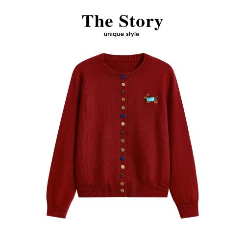 那些事衣櫥彩色扣子新年穿搭紅色毛衣開衫女秋冬設計感小眾針織衫