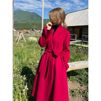 新款A字青果領100純羊毛雙面羊絨大衣女中長款過膝後開叉氣質外套