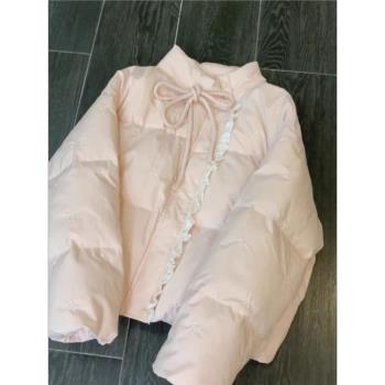 蕾絲拼接棉服外套女2024年新款冬季韓系高階感粉色蝴蝶結系帶棉衣