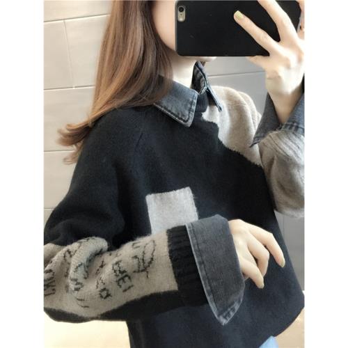 假兩件毛衣女春秋冬季初中高中學生大童15歲13加絨加厚打底針織衫