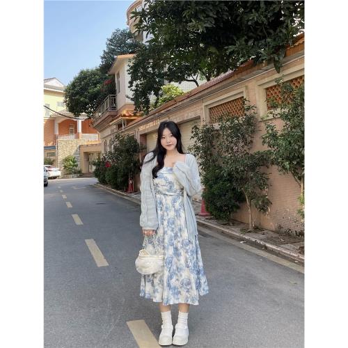 DEMA小德瑪 水墨玫瑰印花吊帶春夏新款女連衣裙收腰顯瘦氣質微胖