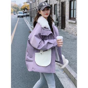 紫色羊羔毛派克服棉服外套女冬2024年新款韓系加絨加厚高階感炸街