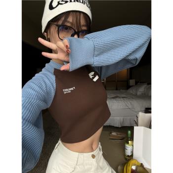 Two2美式辣妹插肩復古超短款上衣