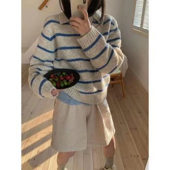 藍灰條紋翻領羊絨高階感寬松毛衣
