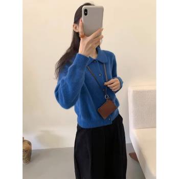 藍色翻領紐扣韓系羊毛針織開衫女2024秋冬軟乎乎簡約休閑毛衣外套