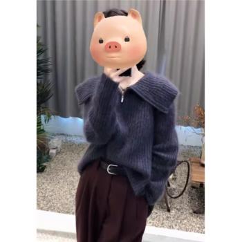 灰色長袖翻領馬海毛毛衣女秋冬新款小眾慵懶風寬松軟糯針織上衣