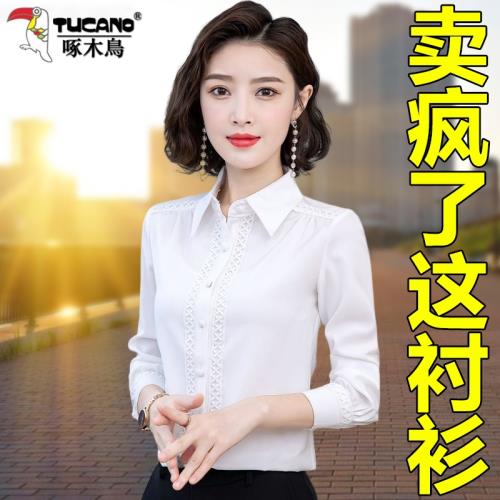 啄木鳥雪紡白襯衫女長袖2023新款洋氣時尚上衣襯衣中年加絨打底衫