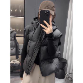 歐美2024秋冬季新款白鵝絨羽絨馬甲女小個子連帽寬松短款泡芙背心