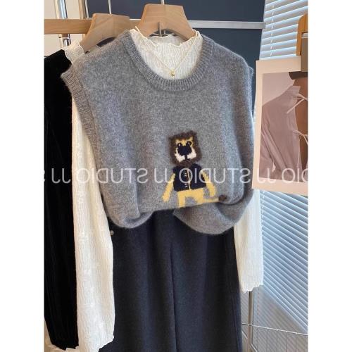 韓版小眾無袖坎肩2025秋冬小獅子馬甲女時尚疊穿百搭圓領針織背心