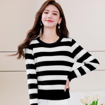 黑白條紋水貂絨毛衣女秋冬2024新款加厚短款小個子上衣內搭打底衫