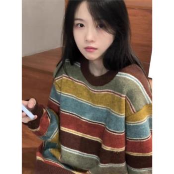 高階感復古條紋針織毛衣女秋冬季2024新款韓系慵懶學院風穿搭上衣
