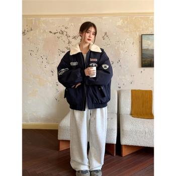 搖粒絨飛行服夾克棉服外套女美式冬季加厚保暖棉衣翻領棒球服棉襖