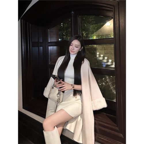 SX善喜袖口拼水貂羊毛羊絨雙面呢大衣女中長款寬松女神氣質長外套